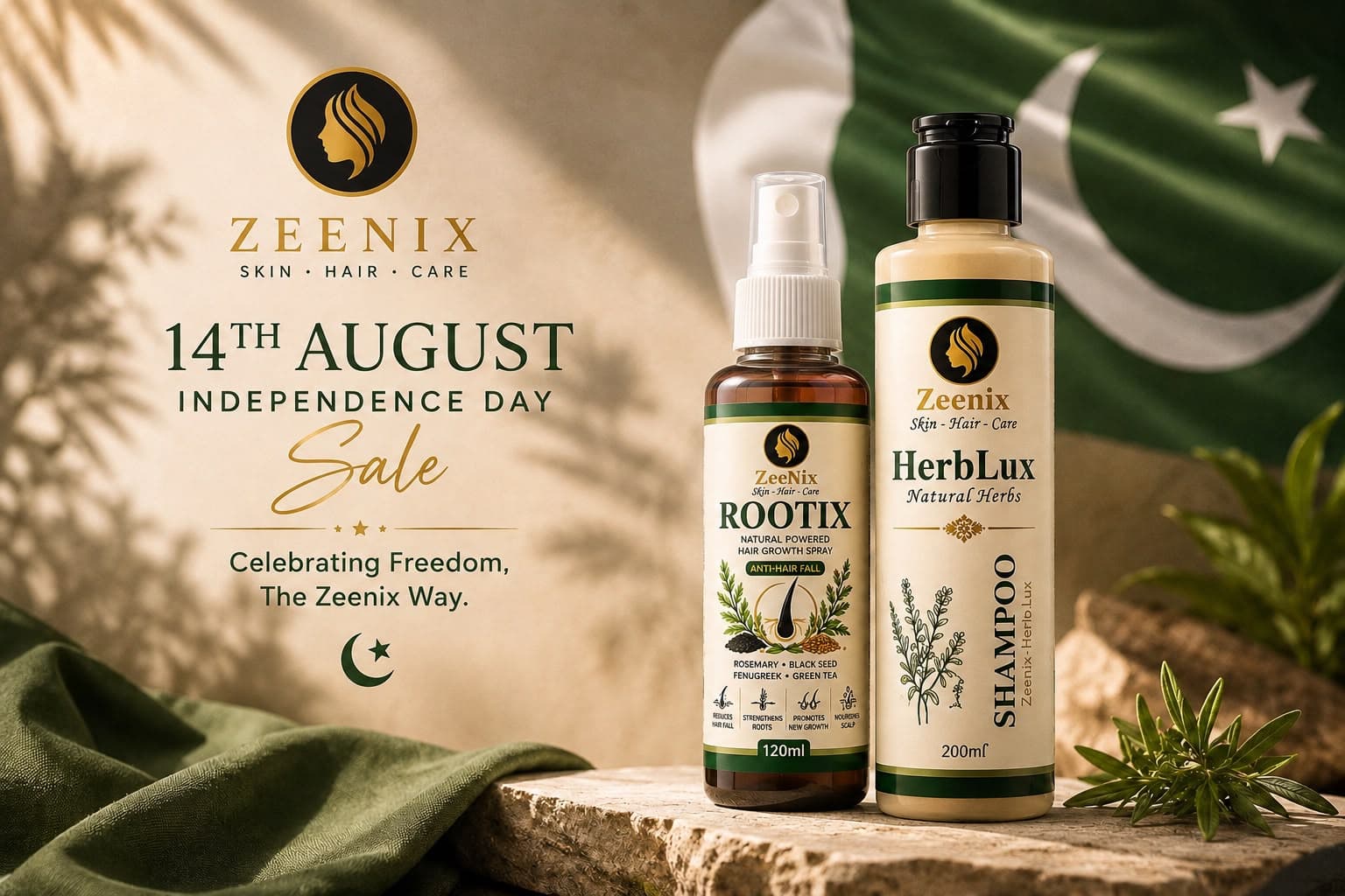 ZeeNix 14th August Independence Day Sale — HerbLux herbal shampoo and Rootix hair growth spray
