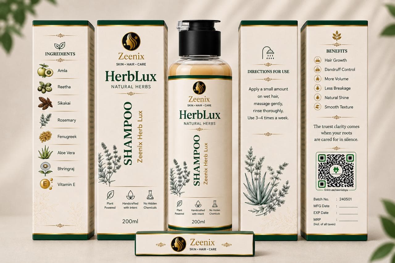ZeeNix HerbLux shampoo photographed with its retail boxes and ingredient card